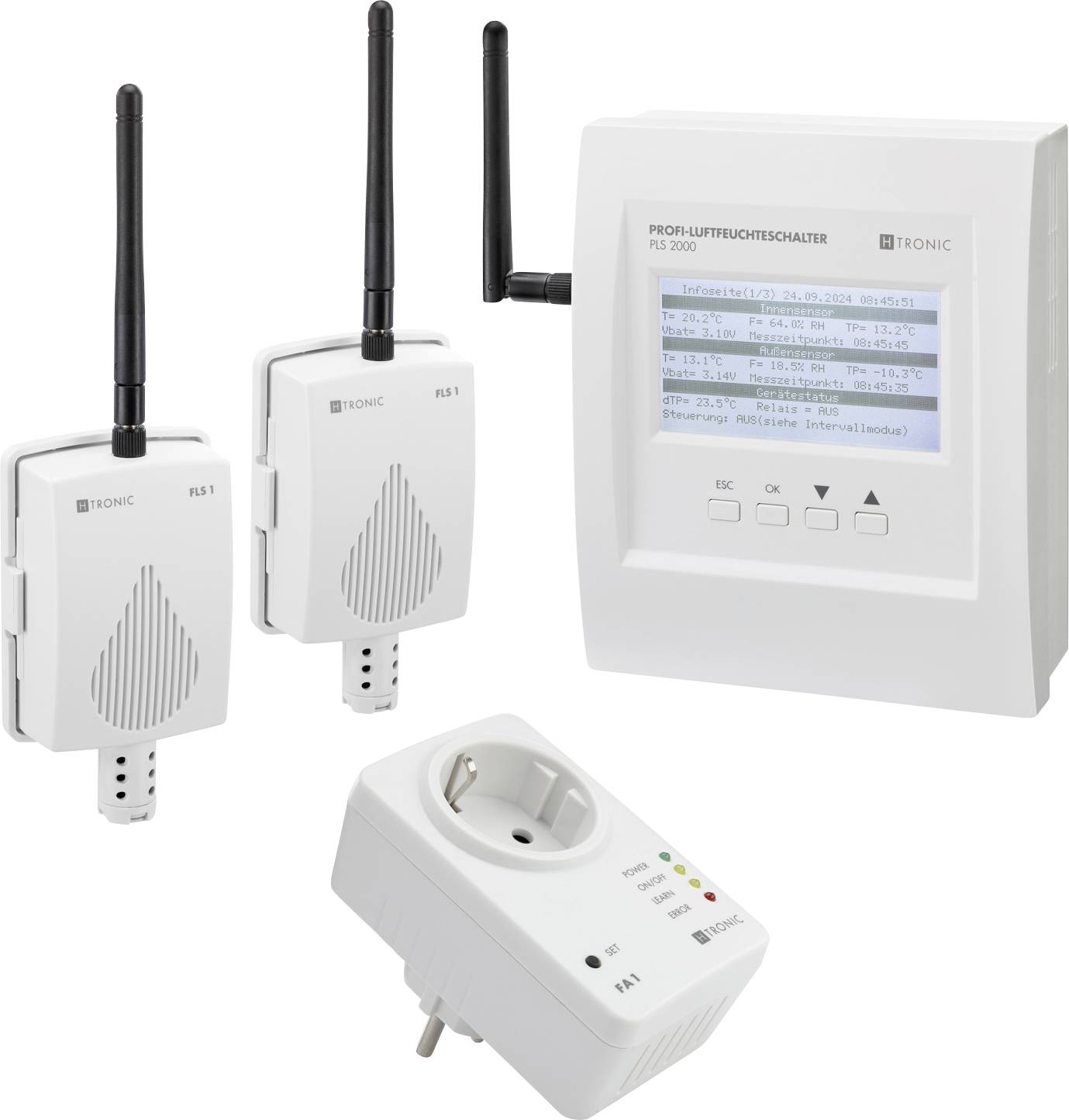 'Wireless humidity controller system with display, two sensors with antennas, and a plug-in receiver. For monitoring and control of indoor humidity.'