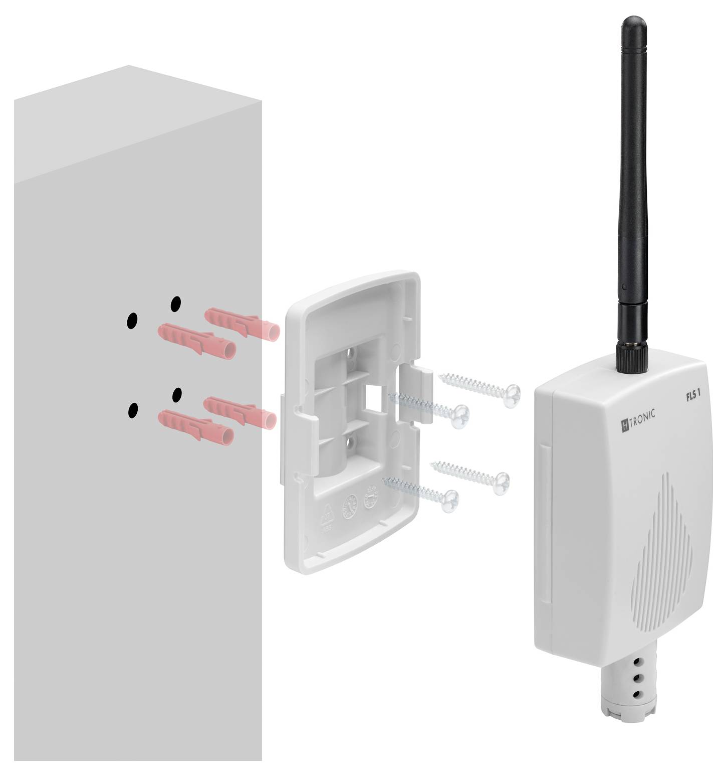 'Diagram showing the installation of a wall-mounted wireless router. Includes screws and wall anchors positioned for mounting.'