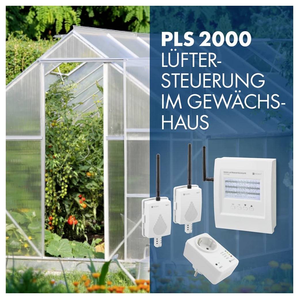 'A greenhouse with a PLS 2000 fan control system. Devices shown: control panel, two sensors, and a power socket. Text in German.'