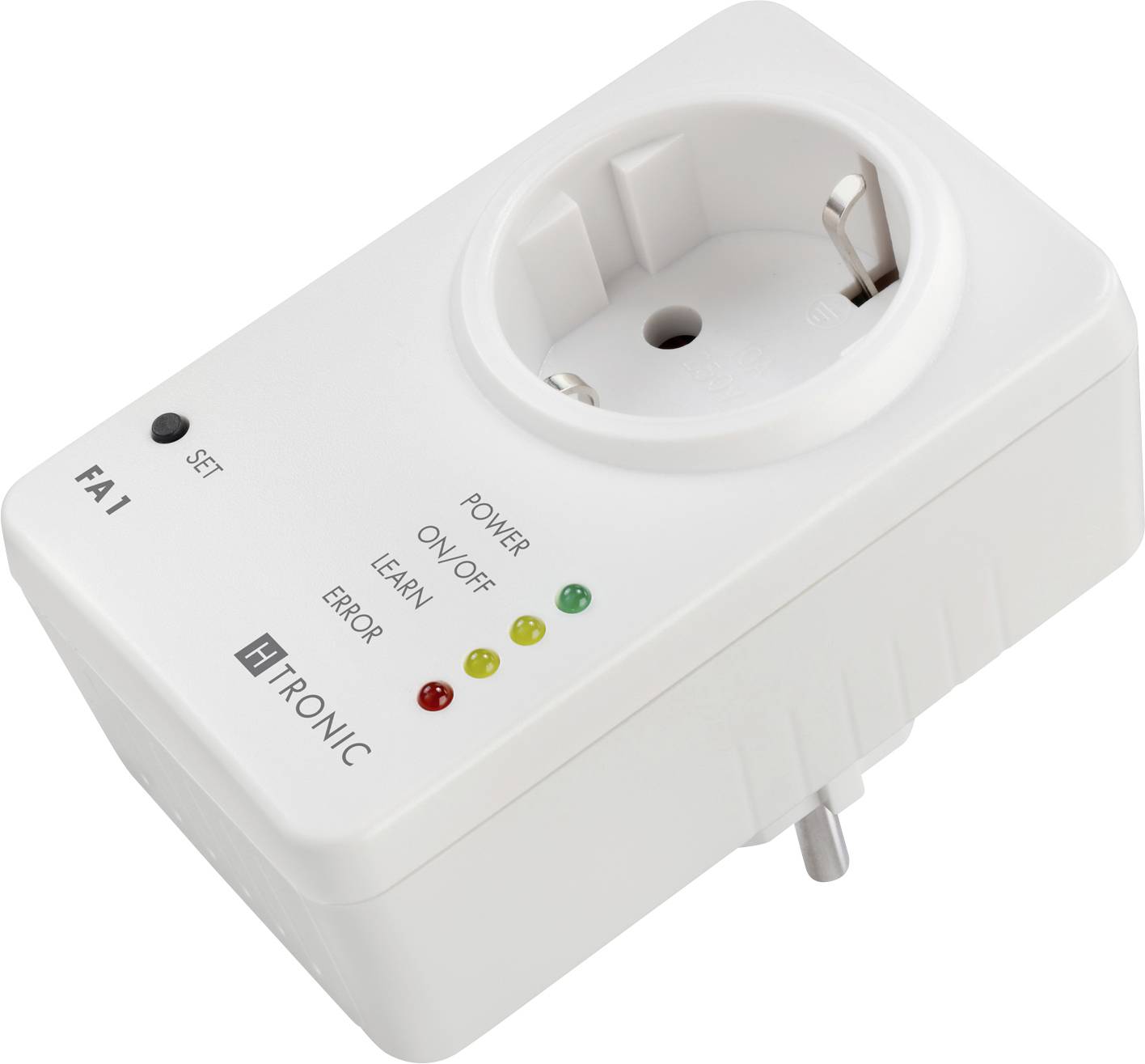 A smart plug adapter with labeled LED indicators for power, on/off, learn, and error, positioned on a white background.