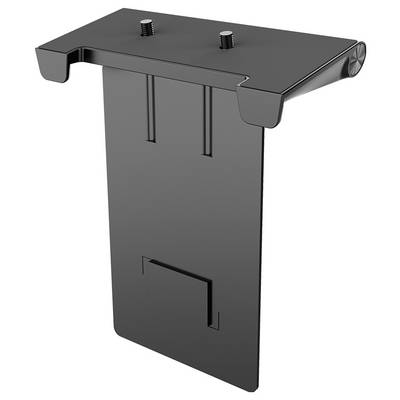 Black metal mounting bracket with flat top plate, two bolts, and a vertical support panel with a lower cutout.