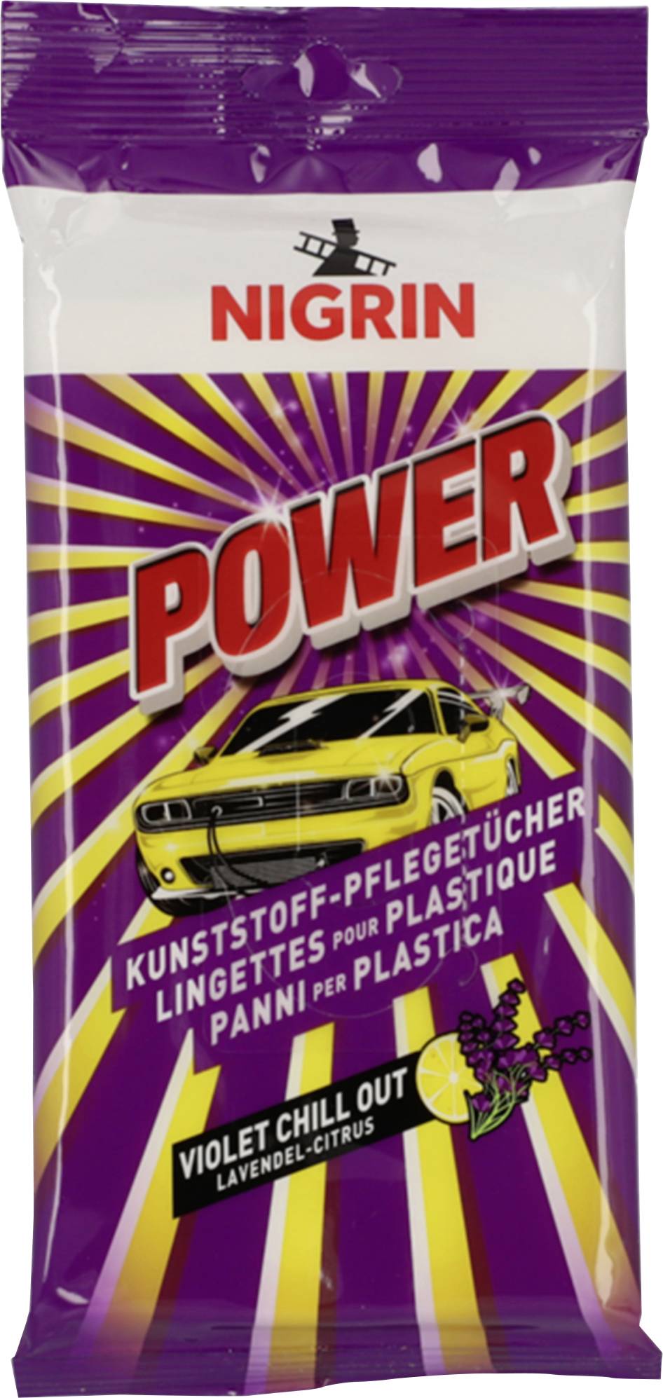NIGRIN Power plastic care wipes, Violet Chill Out lavender-citrus scent, yellow car on purple package with radiating stripes.