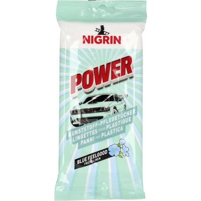 Package of Nigrin Power 'Kunststoff-Pflegetücher' for cleaning plastic car surfaces, labeled 'Blue Feelgood Fresh Linen' with a car image.