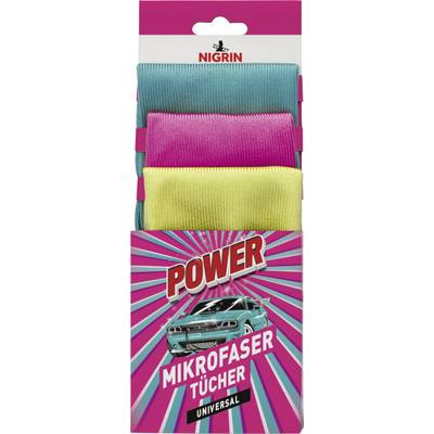Packaging for NIGRIN 'Power Mikrofaser Tucher Universal' microfiber cloths, showing stacked turquoise, pink, and yellow cloths above a retro car graphic on a pink burst background.