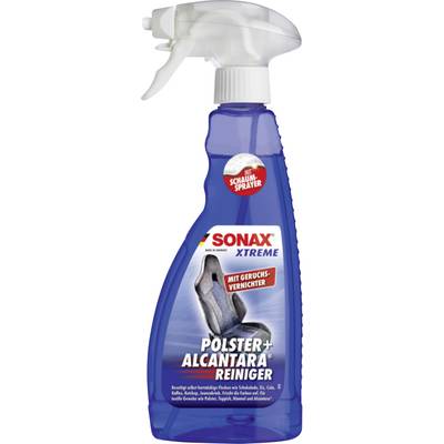 Blue SONAX XTREME upholstery and alcantara cleaner spray bottle with trigger nozzle and German label 'Polster+Alcantara Reiniger' and odor neutralizer.