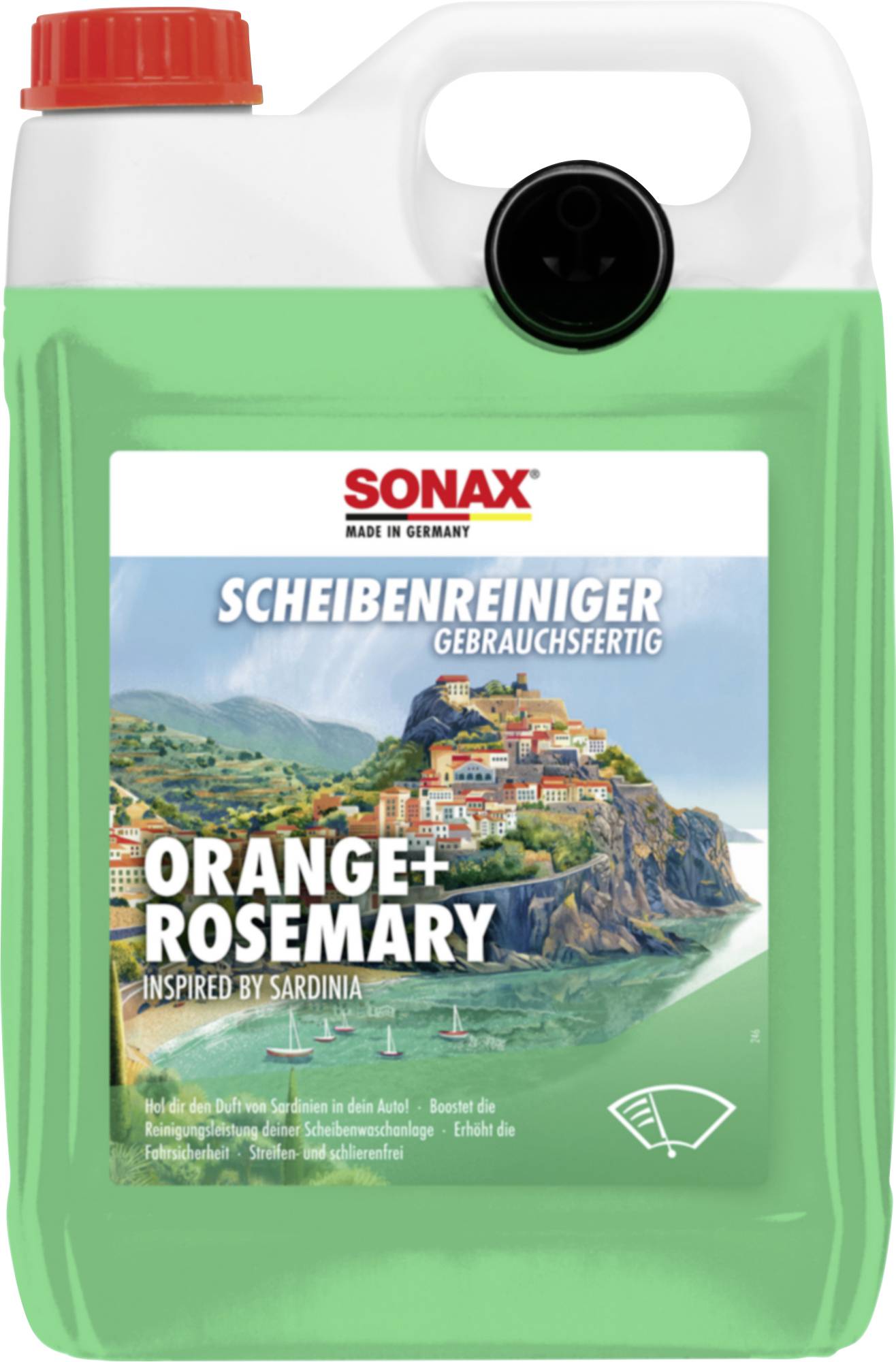 Green Sonax ready-to-use windshield cleaner container labeled 'Scheibenreiniger Gebrauchsfertig Orange+Rosemary Inspired by Sardinia' with red cap and handle.