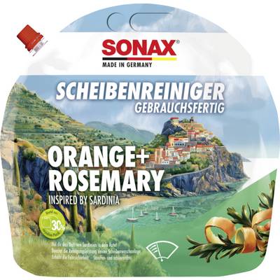 SONAX 'Scheibenreiniger Gebrauchsfertig' Orange + Rosemary car windshield washer fluid pouch inspired by Sardinia, 3 l, with coastal landscape illustration.<br>
