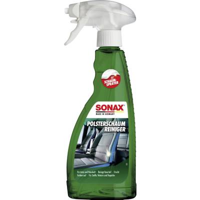 Green Sonax upholstery cleaner spray bottle with trigger nozzle, labeled 'Polsterschaum Reiniger' and 'Schaum-Sprayer', for car and household use.