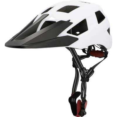White and black bicycle helmet with a long visor, shown on a plain background with adjustable chin straps visible.