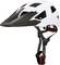 White and black bicycle helmet with a long visor, shown on a plain background with adjustable chin straps visible.