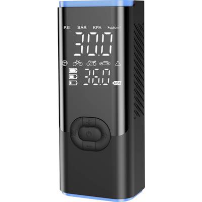 Portable digital air compressor showing 300 PSI and 36.0 PSI, with mode icons for globe, bicycle, ball, car, and USB.