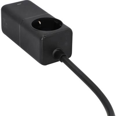 Black electrical adapter with a round socket opening and attached power cord on a white background.