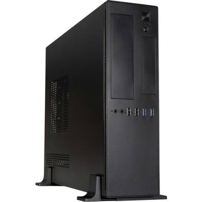 Black desktop computer tower case with front USB ports and audio jacks, shown on a white background<br>