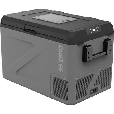 Portable CoolZ65 electric cooler with lid handle, digital display, side vents, and carry handles on a white background