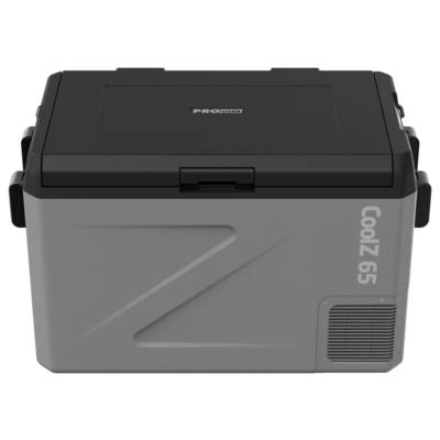 Gray portable cooler with black lid and side vent, labeled 'CoolZ 65'.