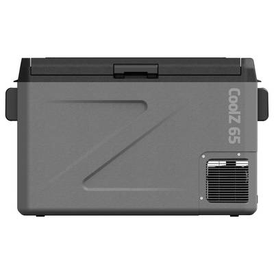 Gray portable cooler/portable fridge with lid, side handles, and built-in vent, labeled 'CoolZ 65'.<br>