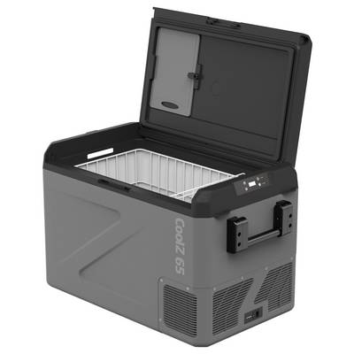 Portable CooZ 65 electric cooler with open lid, interior basket, front handle, and side vents, shown on a white background.