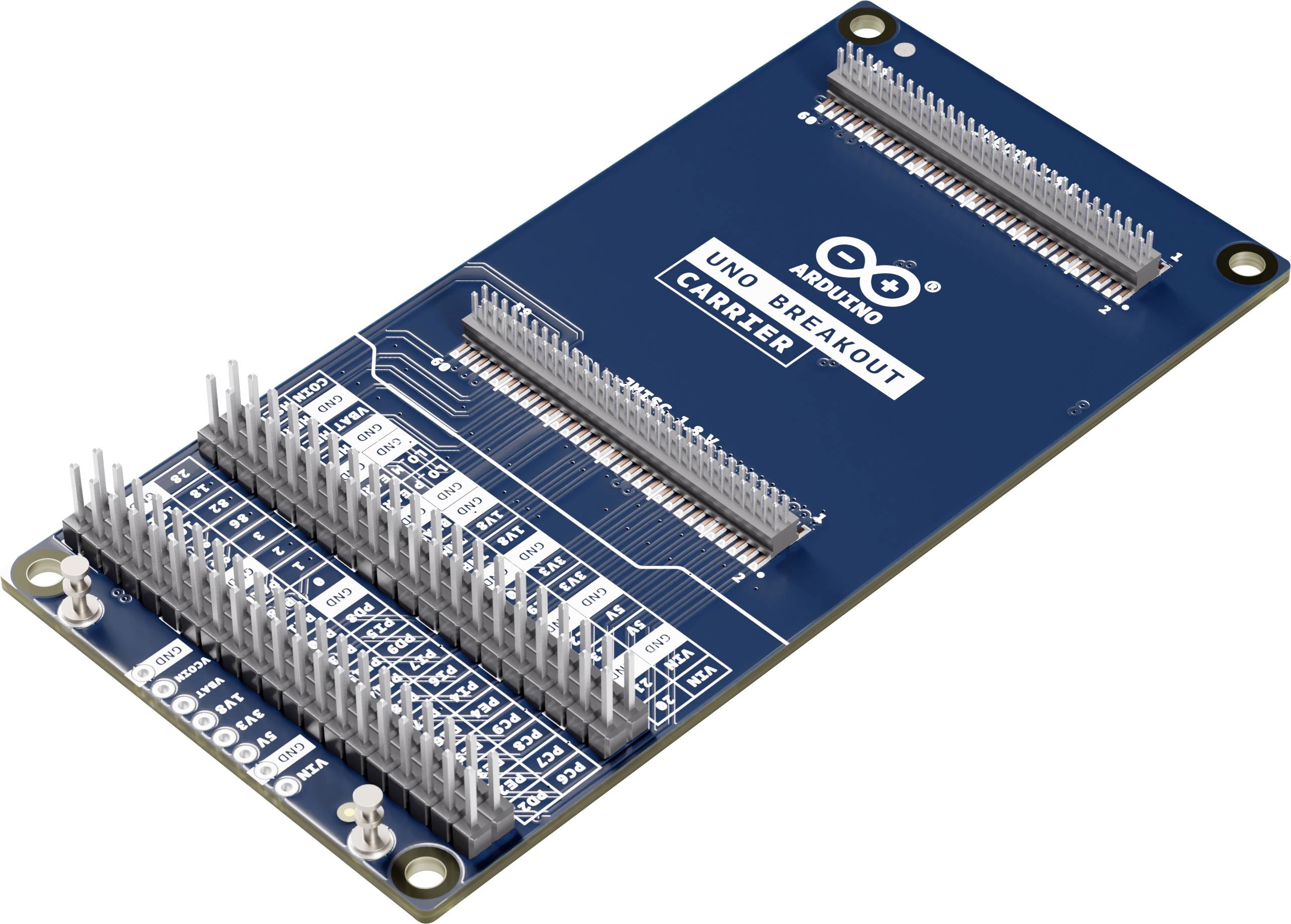 Blue Arduino Uno breakout carrier board with multiple pin headers and labeled connector rows for wiring and prototyping.