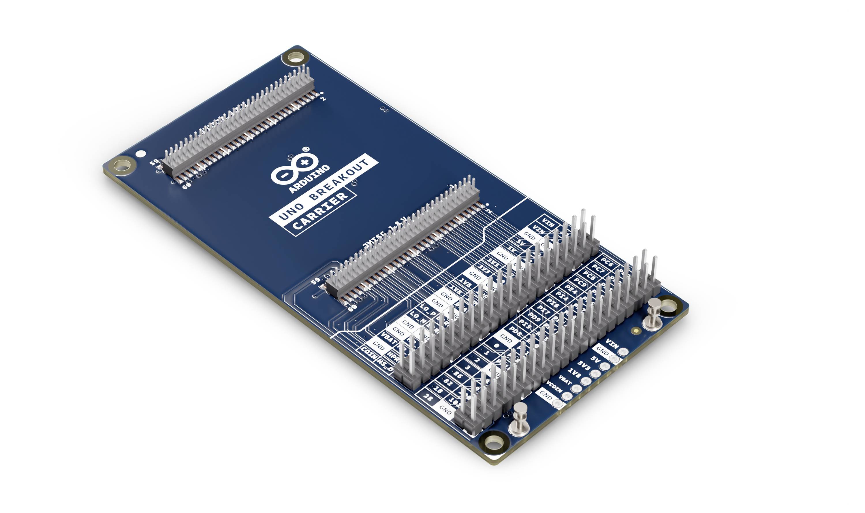 A blue UNO Breakout Carrier board displaying labeled connection pins for Arduino projects, with multiple pin rows and headers visible.