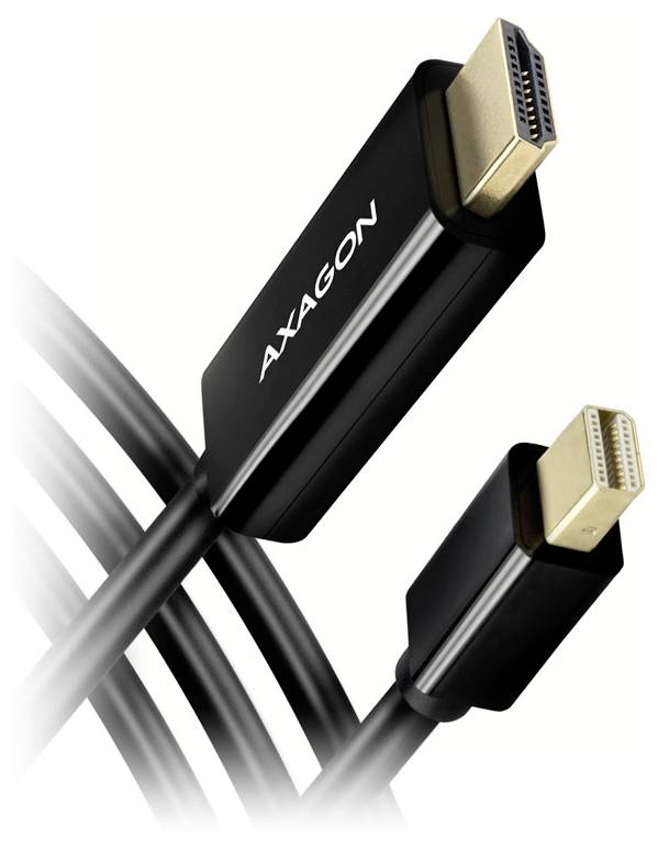Close-up of two Axagon HDMI cables with black connectors and gold-plated ends on a white background.
