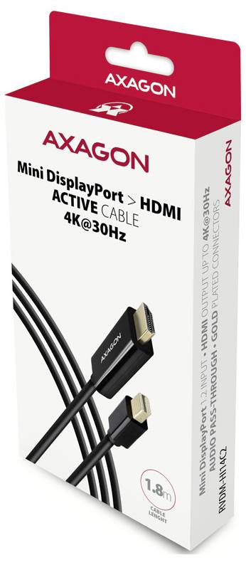 AXAGON Mini DisplayPort to HDMI active cable box, labeled '4K@30Hz' and '1.8 m', with gold connectors pictured.