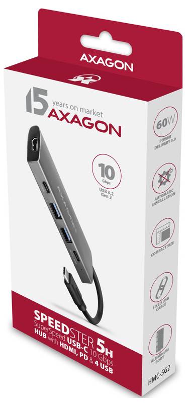 AXAGON Speedster 5H USB-C hub packaging showing a 5-in-1 adapter with HDMI, 4 USB ports, and 60W Power Delivery.