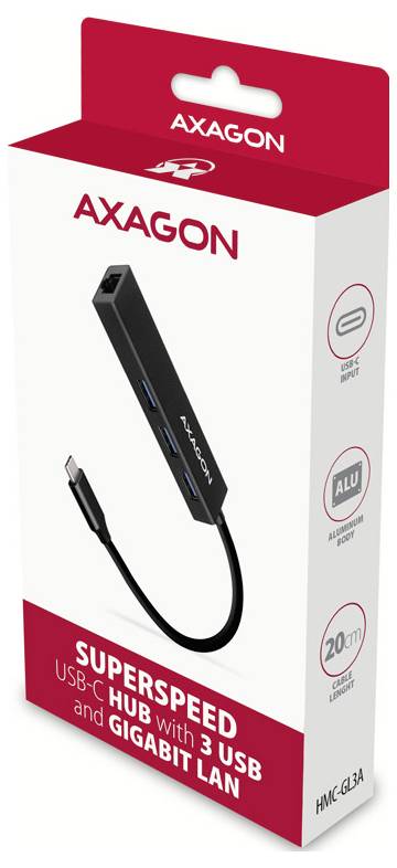 AXAGON SuperSpeed USB-C hub box showing a 3-port USB-C hub with Gigabit LAN, ALU housing, and 20 cm cable<br>