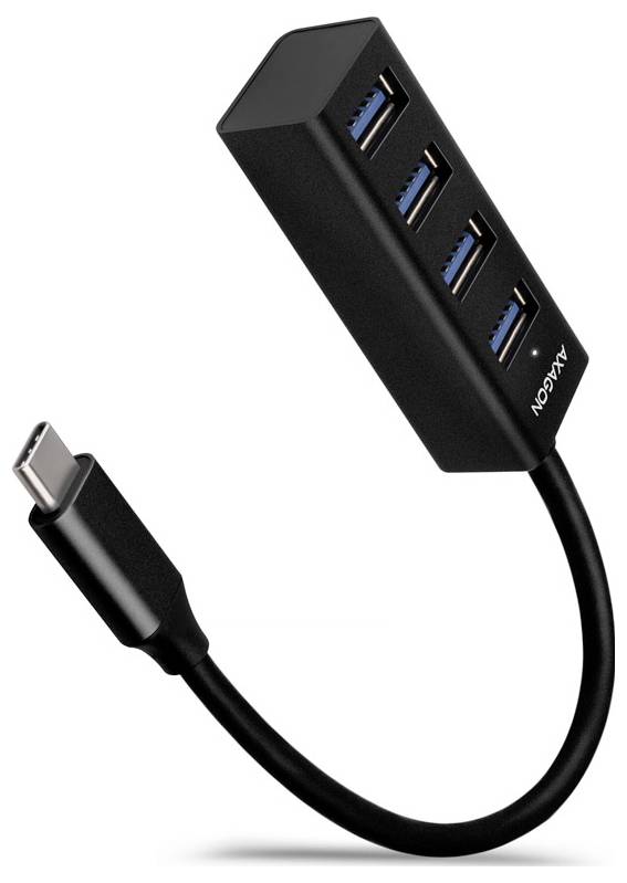 Black USB-C to four-port USB-A hub adapter cable on a white background.