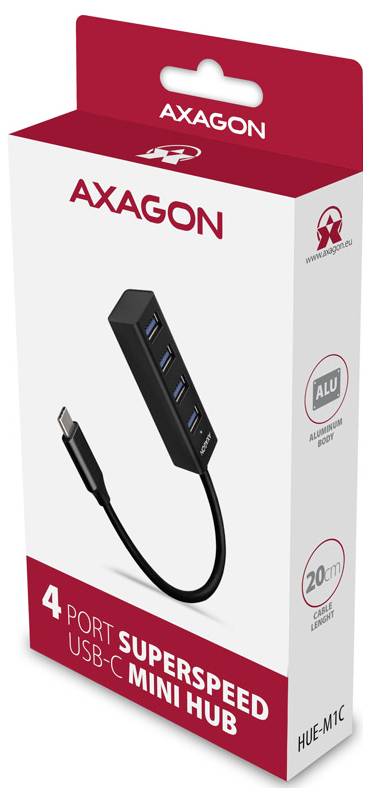 AXAGON 4-port superspeed USB-C mini hub packaging with black hub and cable shown on the front.