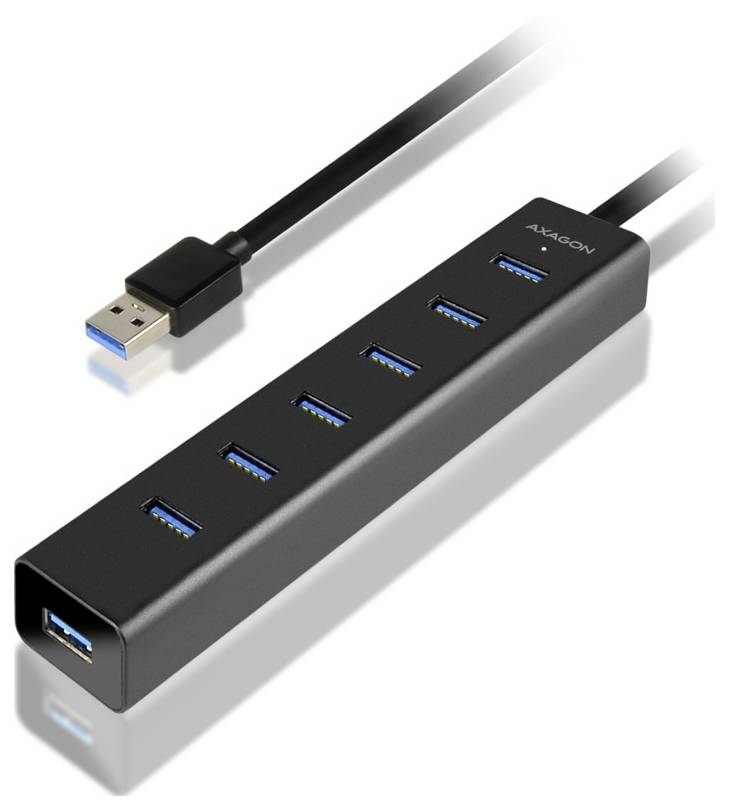 Black USB 3.0 hub with six blue USB-A ports and an attached USB cable on a white background.