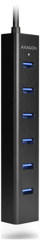 AXAGON USB hub with five blue USB ports and a status light, shown as a slim black vertical device with a connected cable at the top.