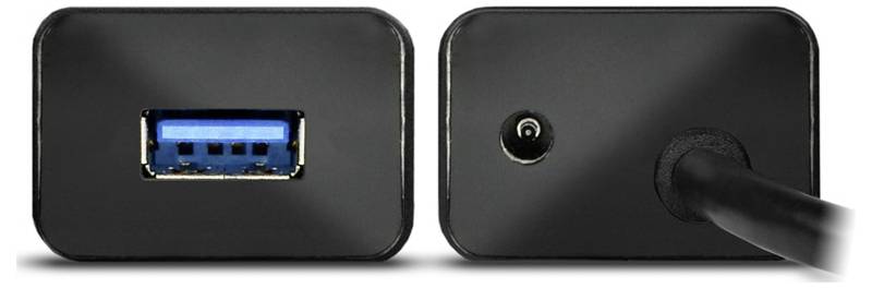 Close-up of two black device panels: left shows a blue USB port, right shows a round power jack with a cable plugged in.