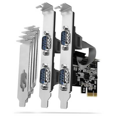 PCIe expansion card with two silver brackets and four blue VGA-style ports, connected by ribbon cable to the circuit board.
