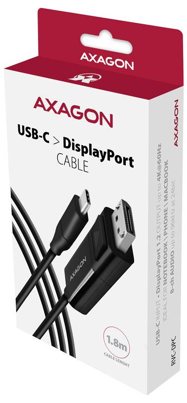AXAGON USB-C to DisplayPort cable packaging, showing the cable and connectors, labeled 1.8 m.<br>