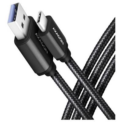 Close-up of two black braided USB cables with connectors, one USB-A and one USB-C, labeled 'AXAGON' on a white background.