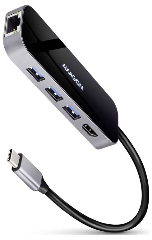 Black AXAGON USB-C adapter hub with Ethernet port, three USB-A ports, and an HDMI port, connected by a USB-C cable.<br>