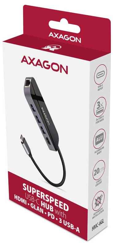 AXAGON SuperSpeed USB-C hub package showing a 3x USB-A, HDMI, LAN and PD charger adapter with cable.