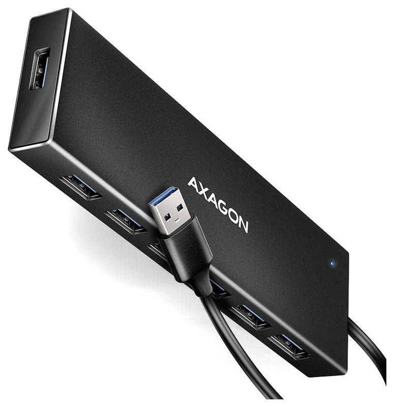 Black AXAGON USB hub with multiple blue USB ports and a connected cable, shown in a product-style image.<br>