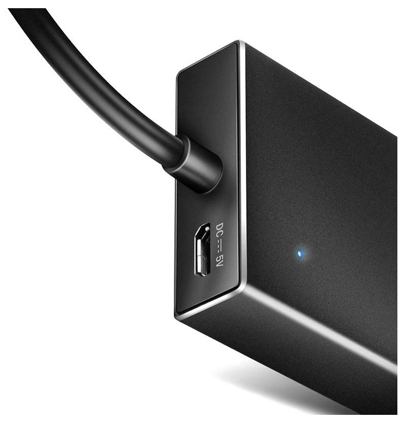 Close-up of a black external device showing a connected cable, USB-C port labeled 'DC IN 5V', and a blue indicator light.