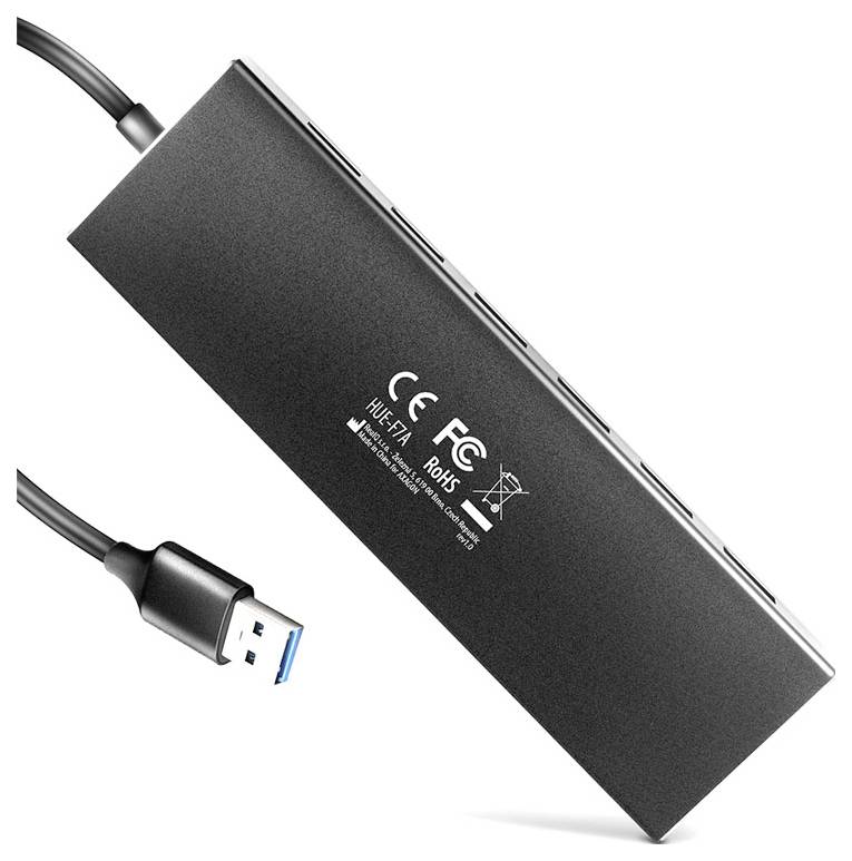 Black USB-C hub/adapter with attached USB-A cable, shown on a white background with certification markings visible.<br>