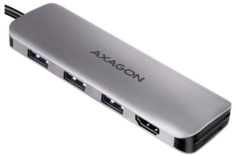 Silver AXAGON USB hub with four ports, shown on a white background, including three USB-A ports and one HDMI port.<br>