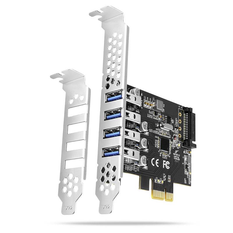 PCIe expansion card with two metal brackets, showing four blue USB 3.0 ports and a SATA-style power connector.