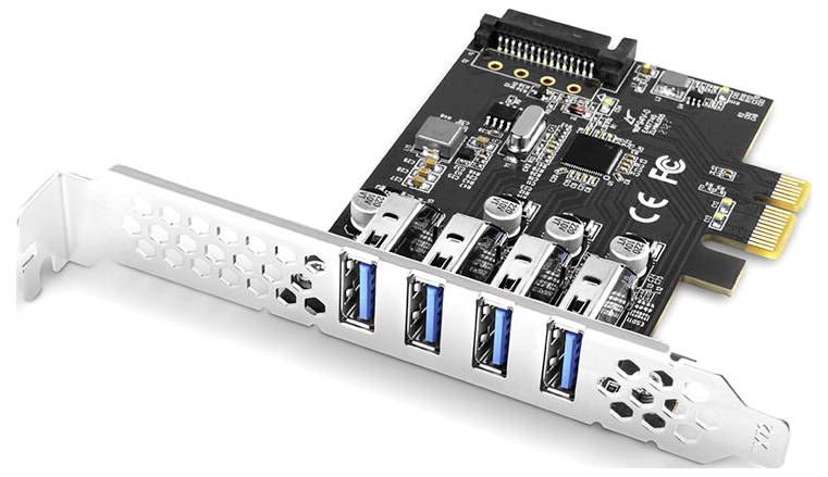 Internal PCIe expansion card with four blue USB 3.0 ports on a silver bracket, used to add USB connectivity to a desktop computer.