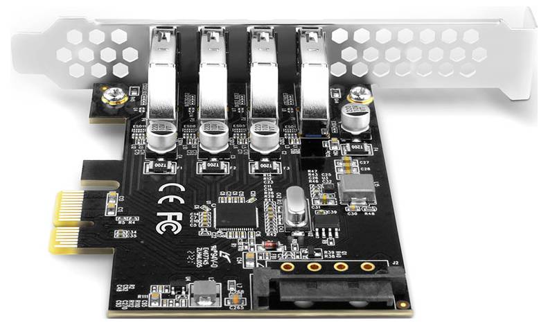 PCIe expansion card with four front-facing USB ports and a silver bracket for installing in a desktop computer.