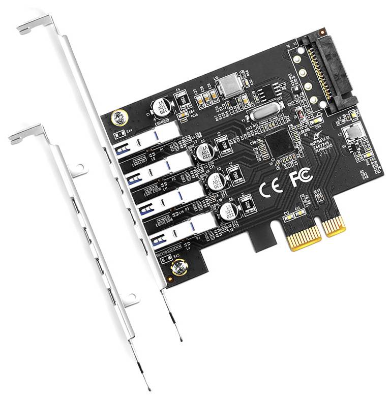 PCIe expansion card with four stacked USB ports and two metal mounting brackets, shown on a white background.