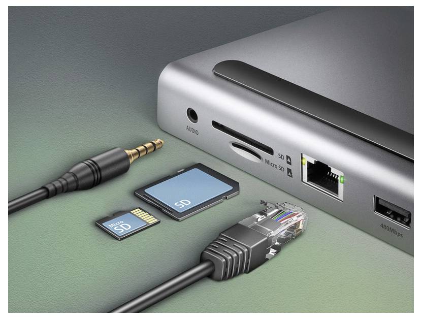 Close-up of a device’s side showing ports for audio, SD, Micro SD, Ethernet, and USB, with SD cards and cables positioned as if to connect or insert them.
