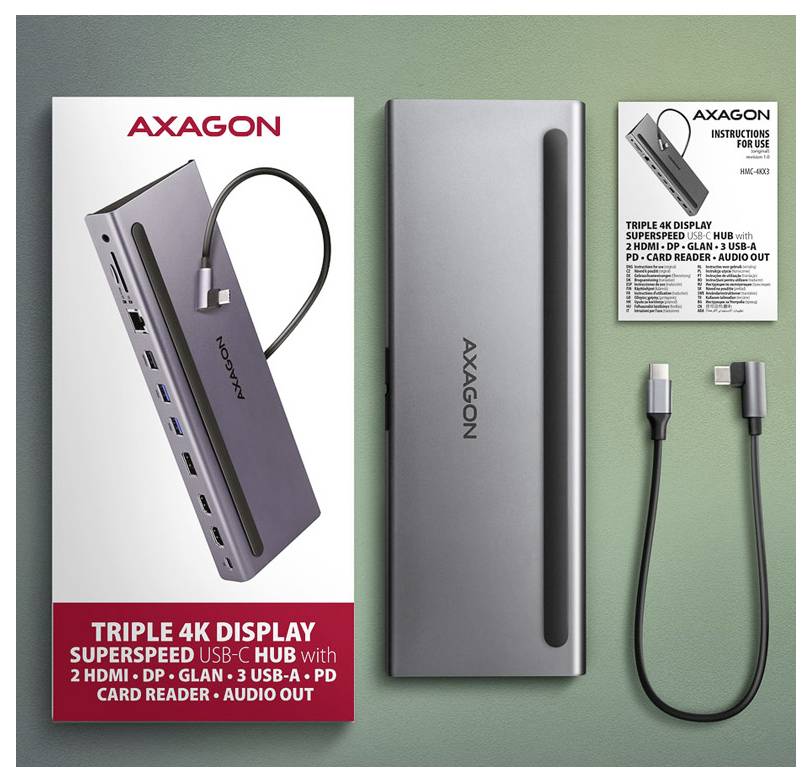 AXAGON Triple 4K Display SuperSpeed USB-C hub, shown with packaging, hub device, instruction card, and USB-C cable on a green background.
