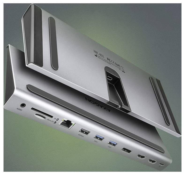 Laptop side ports and cards: audio jack, SD and microSD slots, and Ethernet port shown with matching plugs and memory cards nearby.