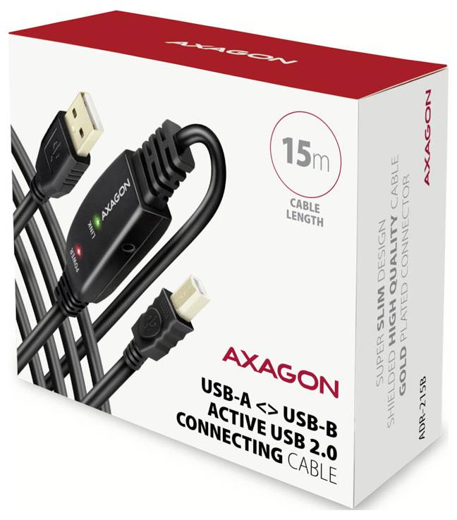 Boxed Axagon USB-A to USB-B active USB 2.0 connecting cable, 15 m long, with gold-plated connectors.