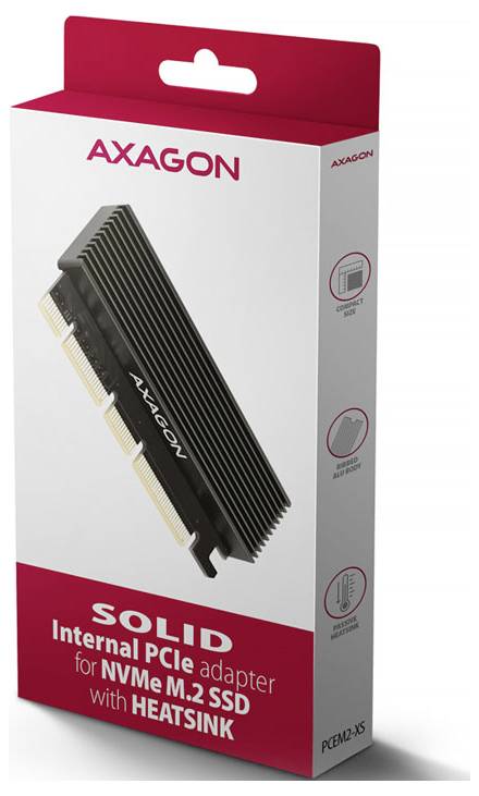 AXAGON SOLID retail box for an internal PCIe adapter for NVMe M.2 SSD, showing a heatsink-equipped black adapter and product branding.<br>